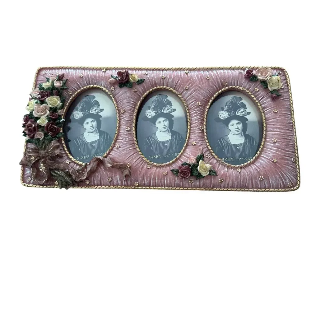 Vintage 1980s Pink 3D Roses Floral Victorian 3 Slot Photo Frame 7x14 Easel Back